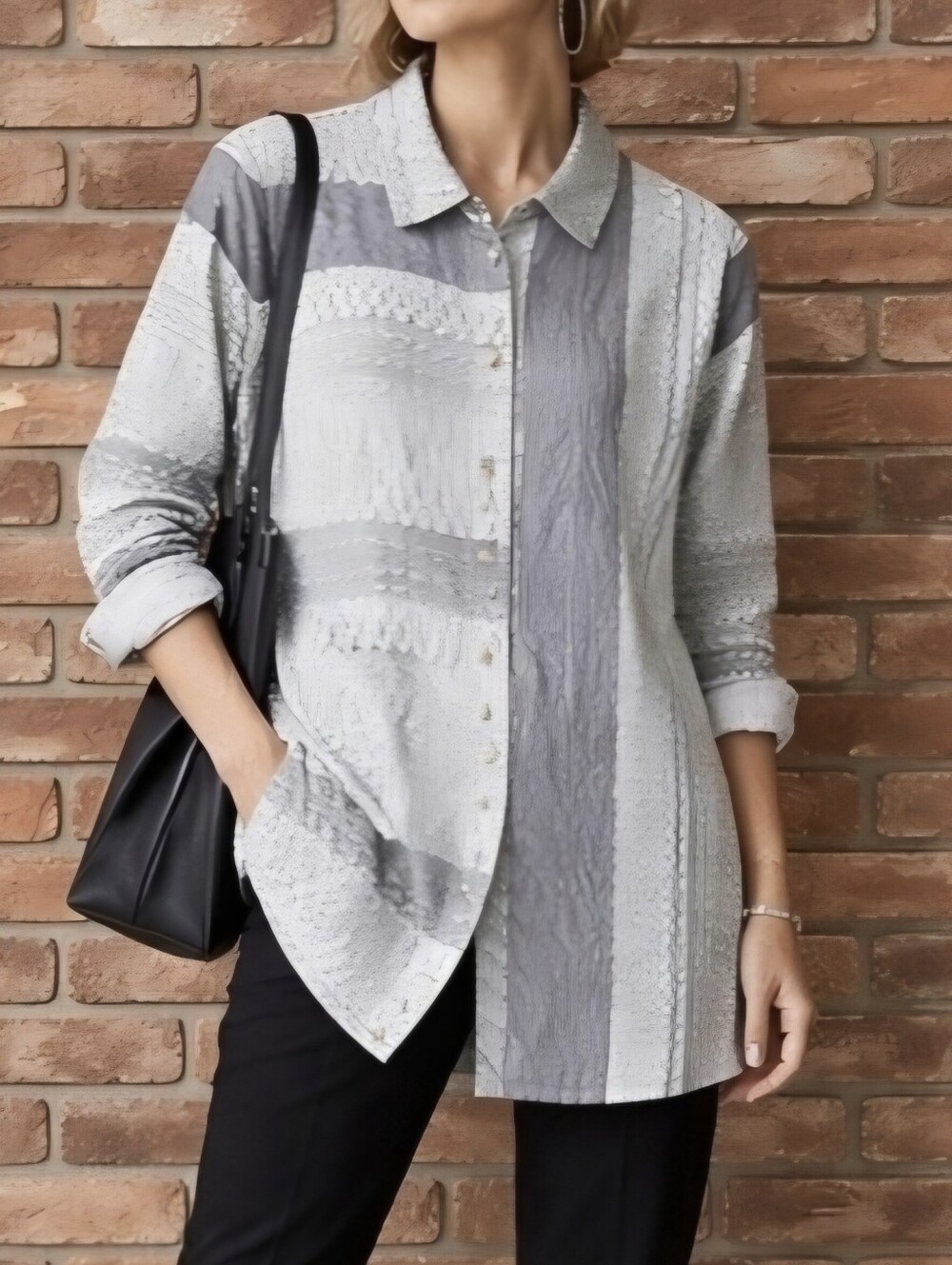 Focus Casual Life Textured Tunic Shirt Small | Metallic Buttons Grey Silver